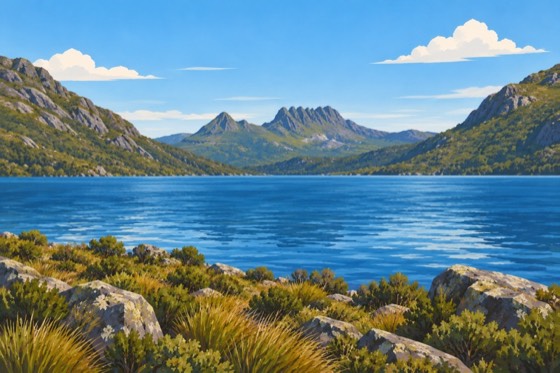 Painted scene of the Overland Track